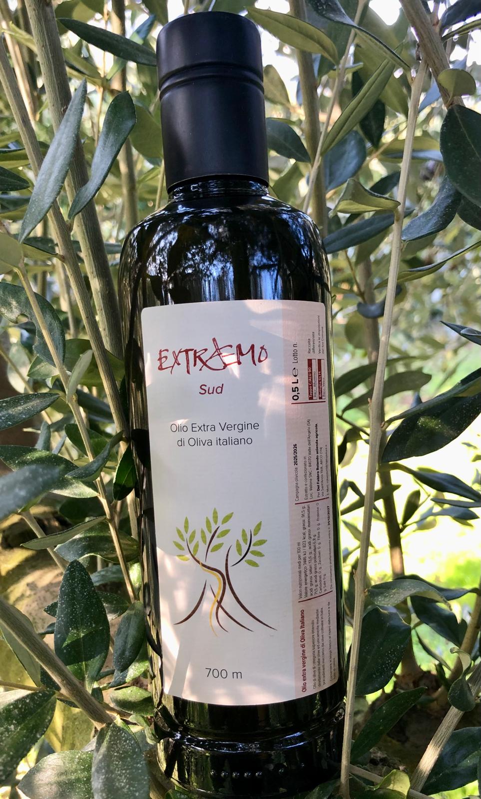Bottiglia Extraemo Sud “700 m” 500 ml, olio extravergine d’oliva del Cilento prodotto ad alta quota, fruttato medio, qualità superiore
